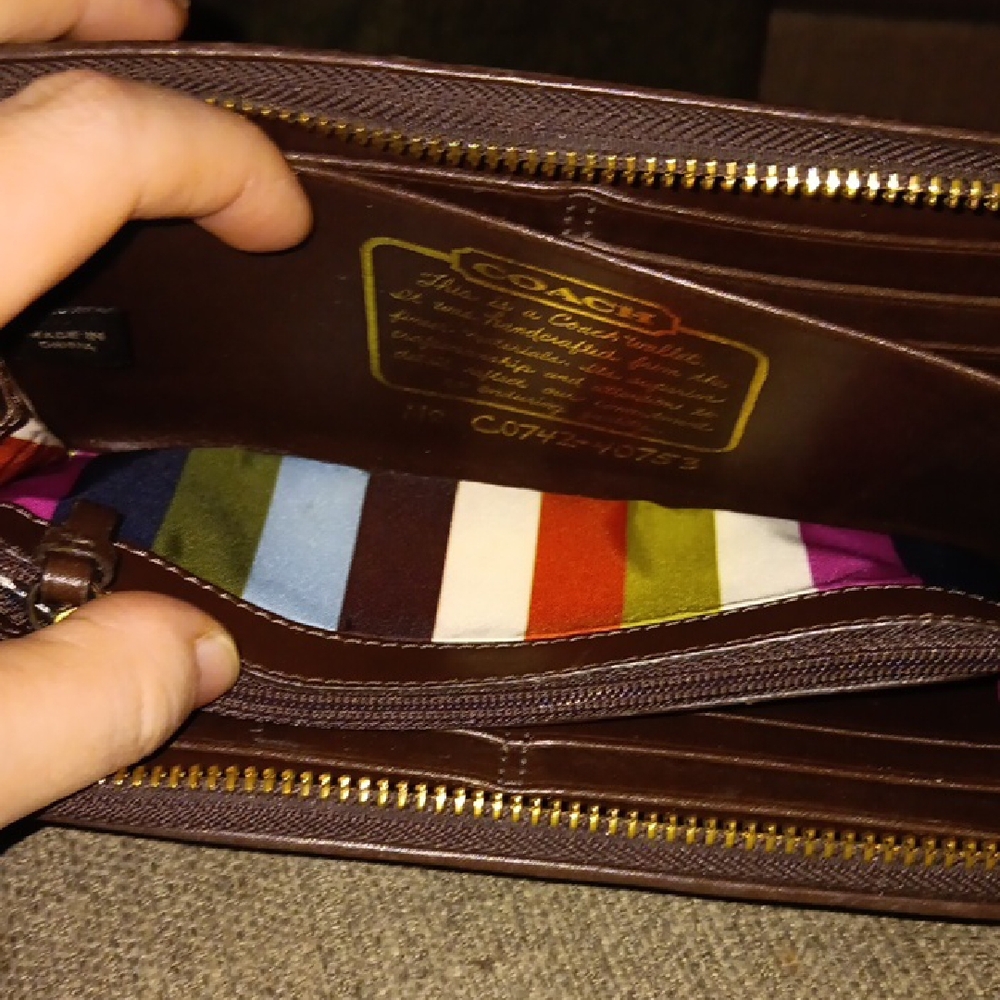 Coach Brown Leather Wallet with Vibrant Stripes